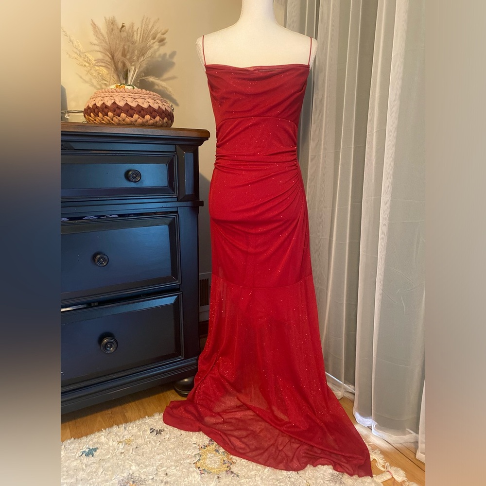 Vintage 90’s y2k red sparkly bodycon maxi mesh dress